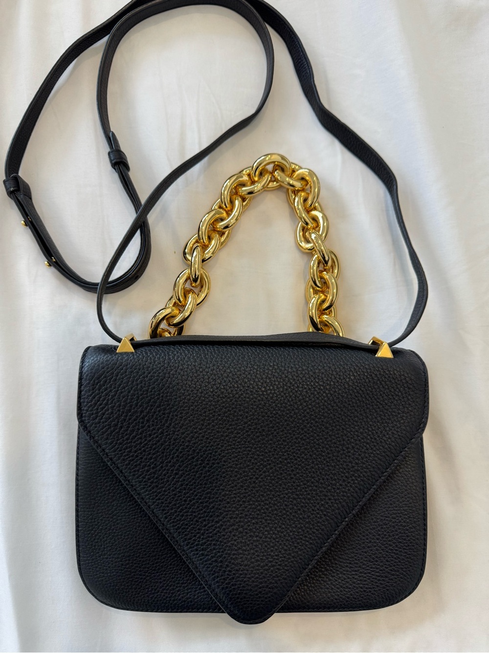 Bottega Veneta Mount Black Pebbled Leather Shoulder Bag with Gold Chain